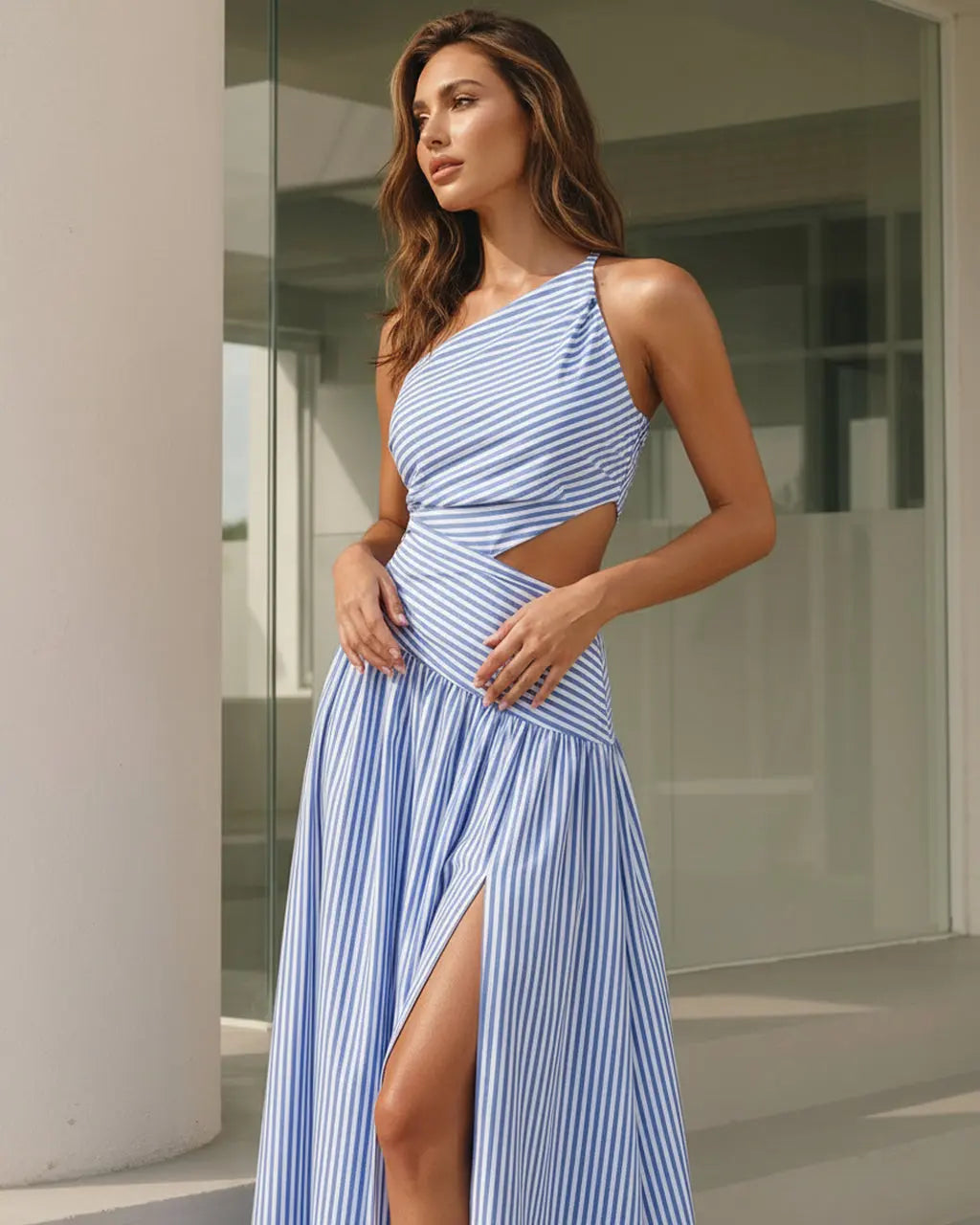 SOLACE  Striped One Shoulder Cutout Lace Up Maxi Dress 
