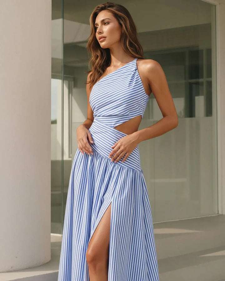 SOLACE  Striped One Shoulder Cutout Lace Up Maxi Dress 