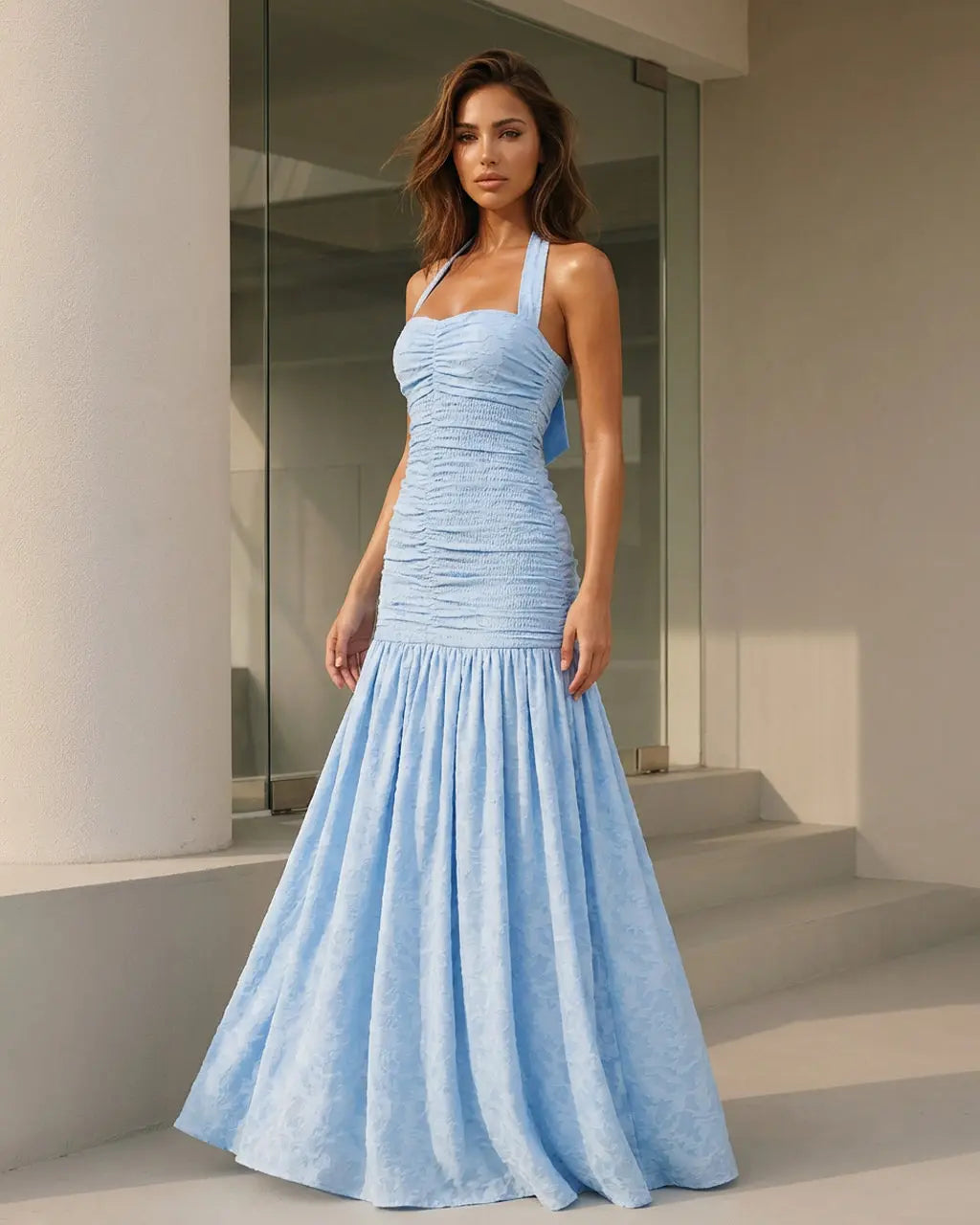 SOLACE  Blue Halter Neck Ruched Bow Detail Mermaid Maxi Dress 