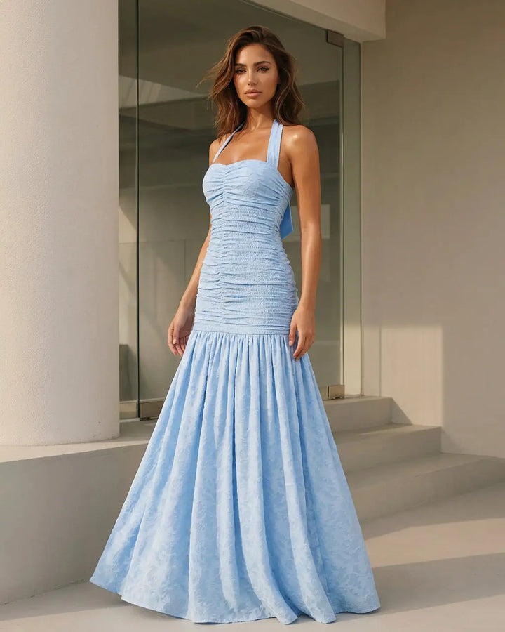 SOLACE  Blue Halter Neck Ruched Bow Detail Mermaid Maxi Dress 