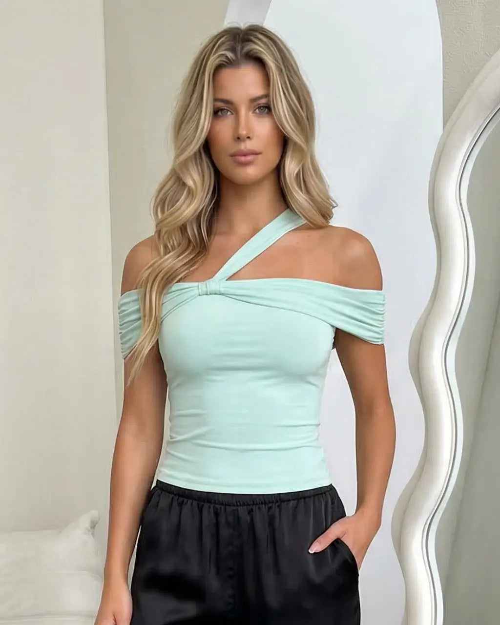 Green Asymmetrical One Shoulder Ruched Crop Top SOLACE
