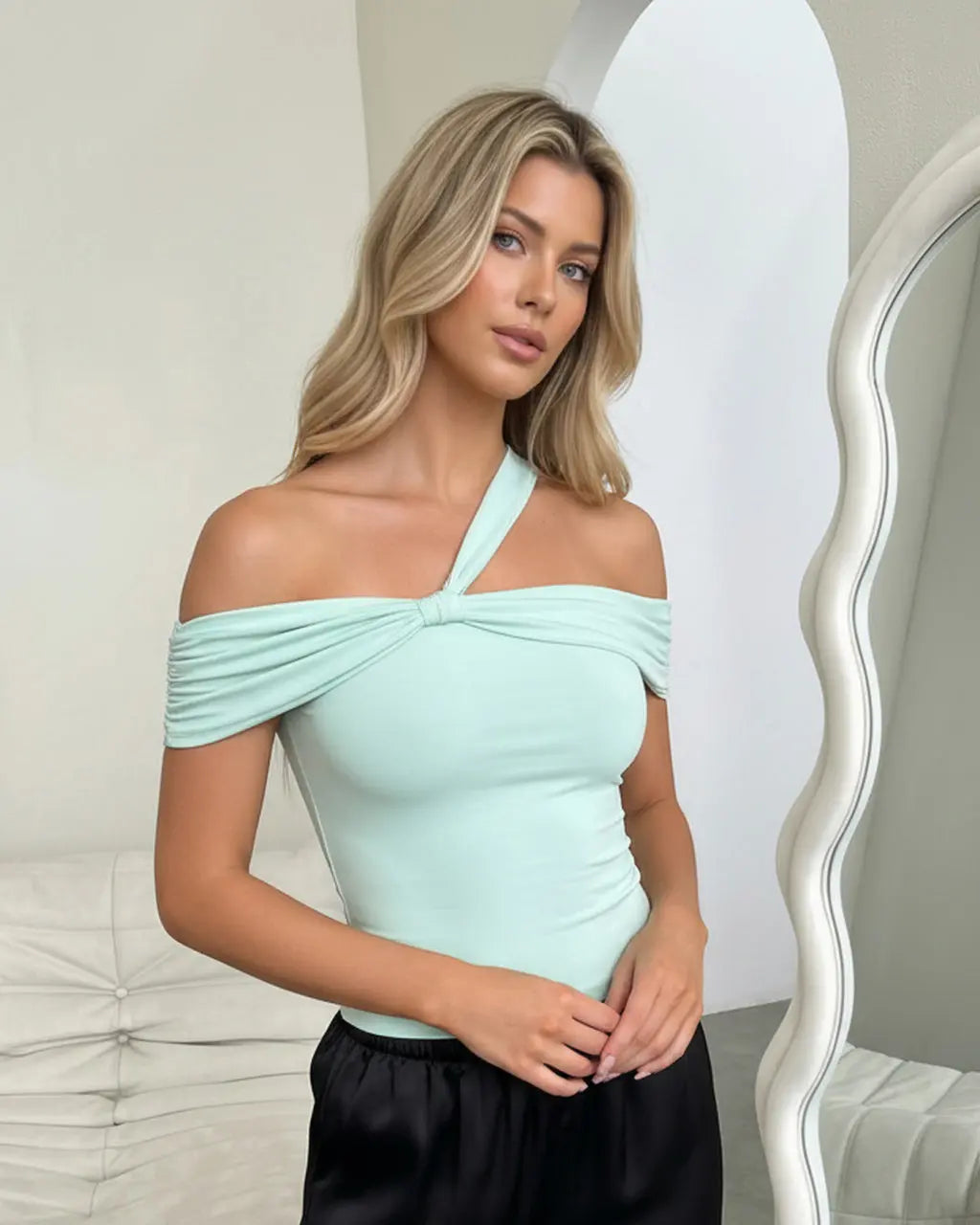 Green Asymmetrical One Shoulder Ruched Crop Top SOLACE