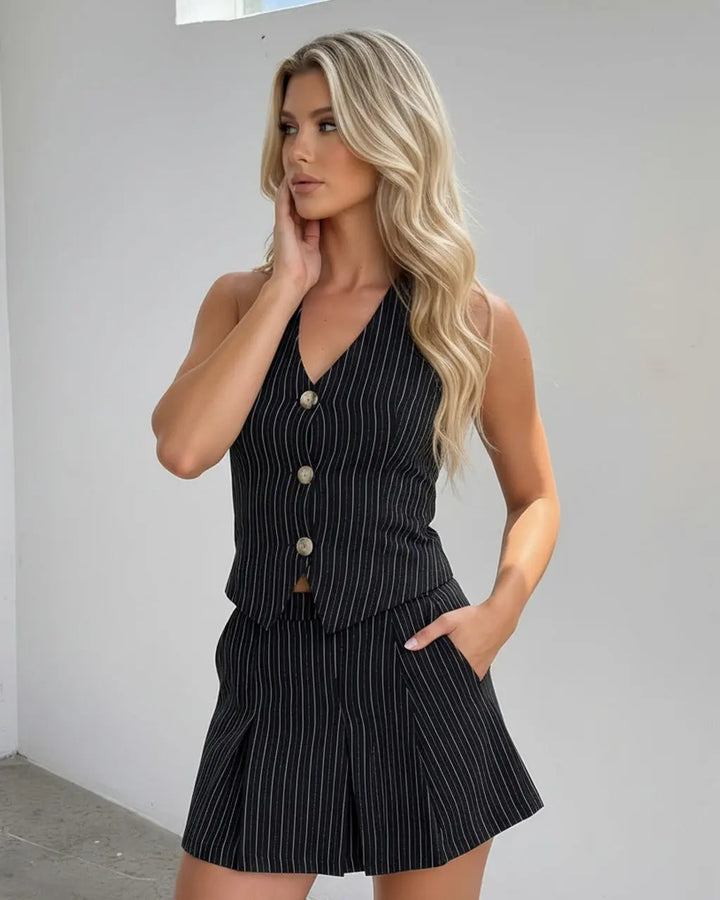 Black Pinstripe Halter Vest Pleated Mini Skirt Set SOLACE