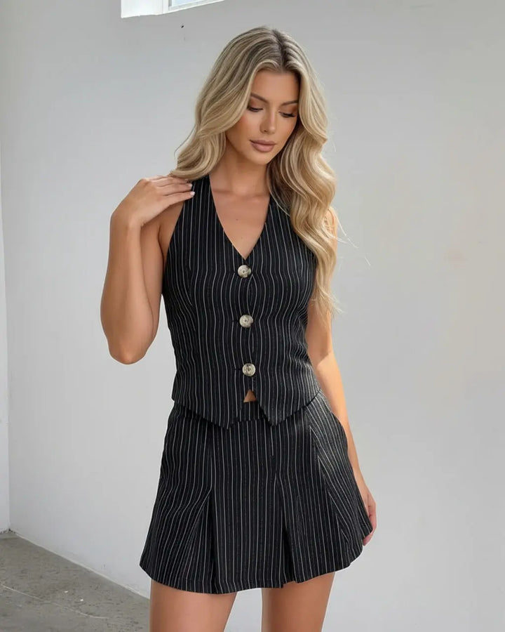 Black Pinstripe Halter Vest Pleated Mini Skirt Set SOLACE