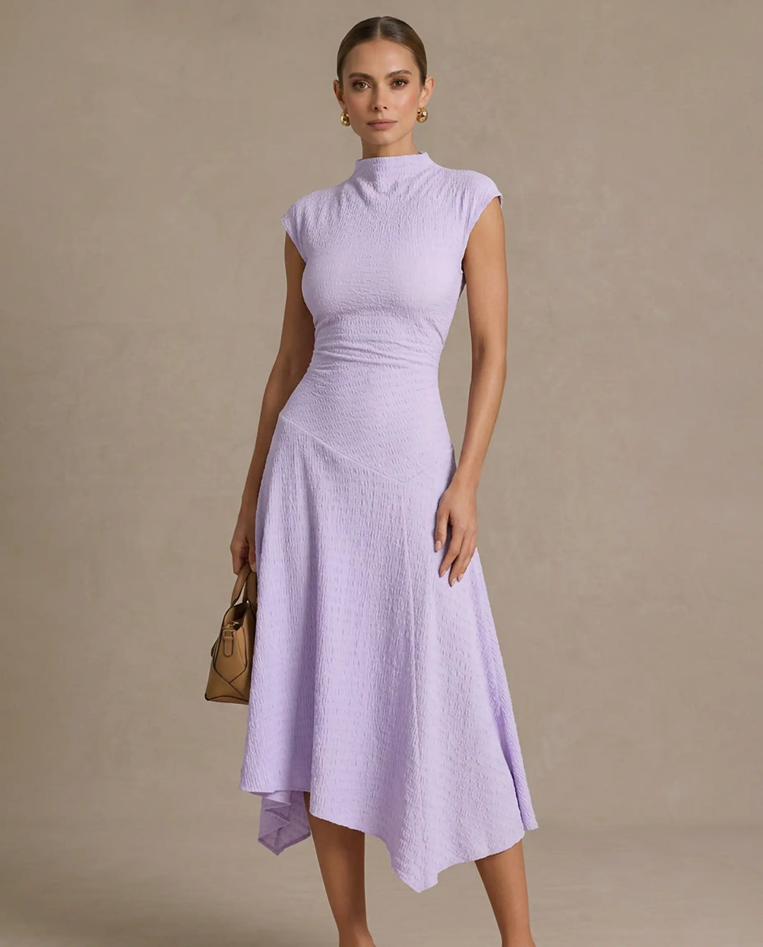SOLACE  Mock Neck Textured Ruched Asymmetrical Hem Midi Dress 