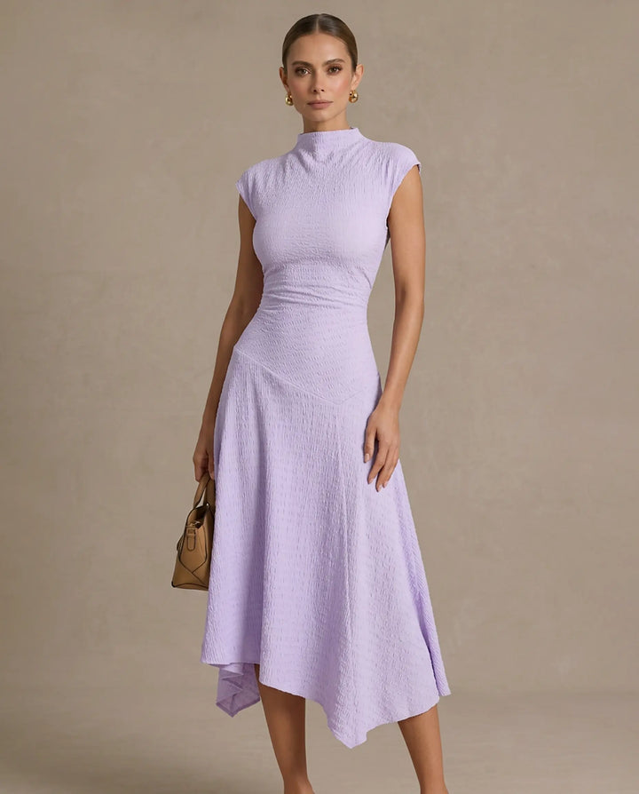 SOLACE  Mock Neck Textured Ruched Asymmetrical Hem Midi Dress 