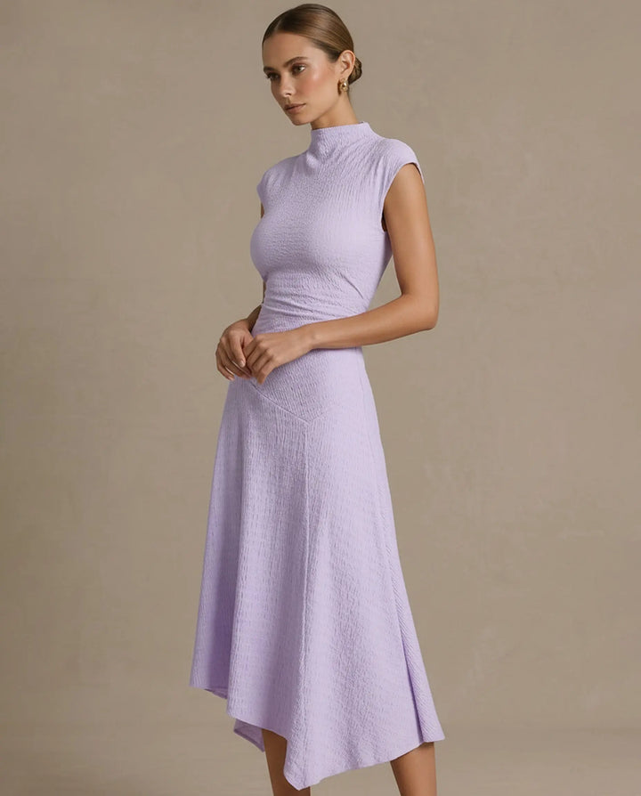 SOLACE  Mock Neck Textured Ruched Asymmetrical Hem Midi Dress 
