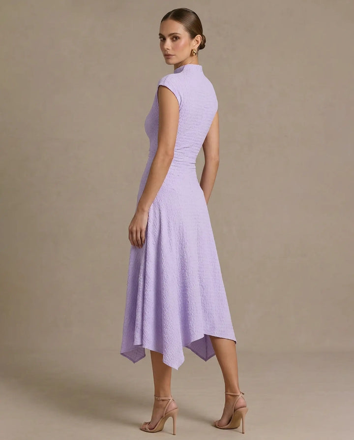SOLACE  Mock Neck Textured Ruched Asymmetrical Hem Midi Dress 