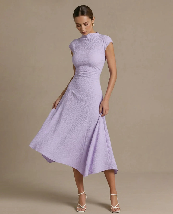 SOLACE  Mock Neck Textured Ruched Asymmetrical Hem Midi Dress 