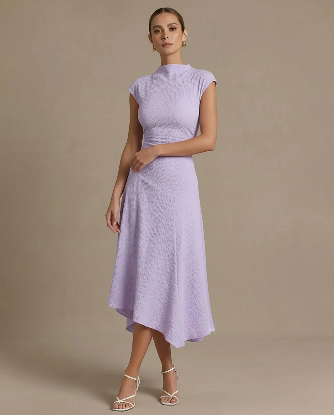 SOLACE  Mock Neck Textured Ruched Asymmetrical Hem Midi Dress 