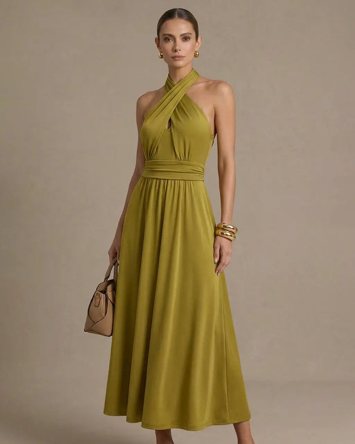 SOLACE  Olive Green Halter Backless Maxi Formal Dress 