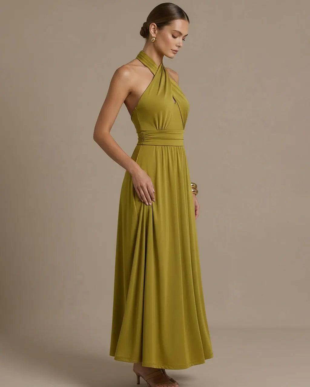 SOLACE  Olive Green Halter Backless Maxi Formal Dress 
