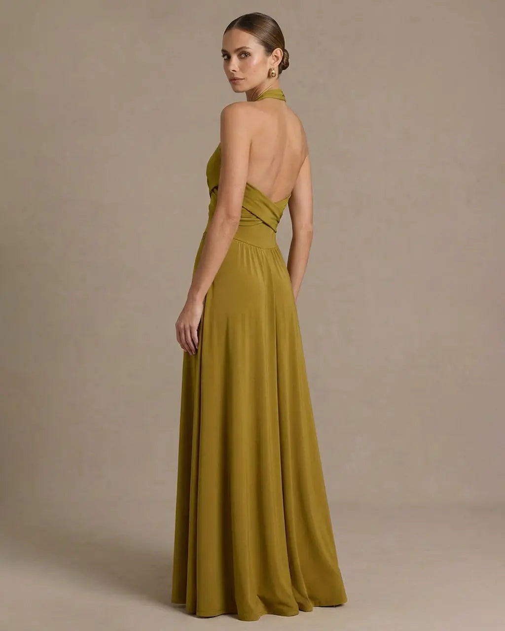 SOLACE  Olive Green Halter Backless Maxi Formal Dress 