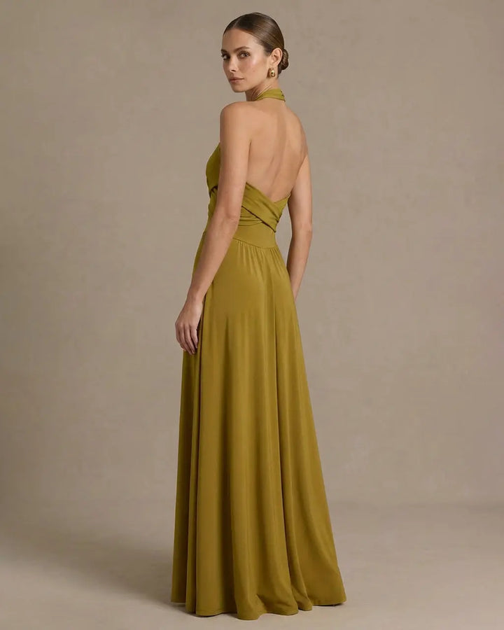 SOLACE  Olive Green Halter Backless Maxi Formal Dress 