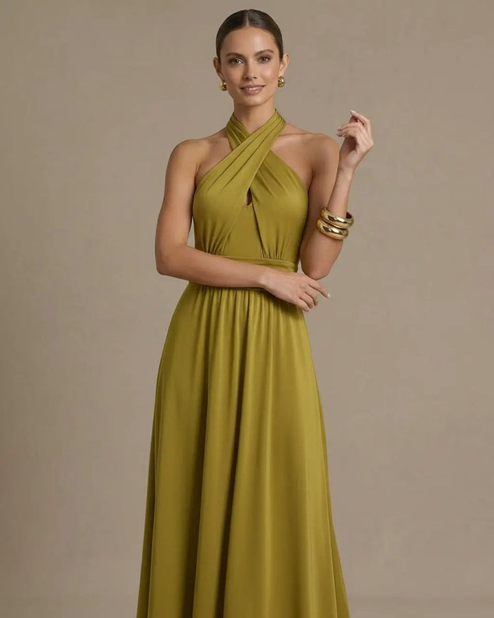 SOLACE  Olive Green Halter Backless Maxi Formal Dress 