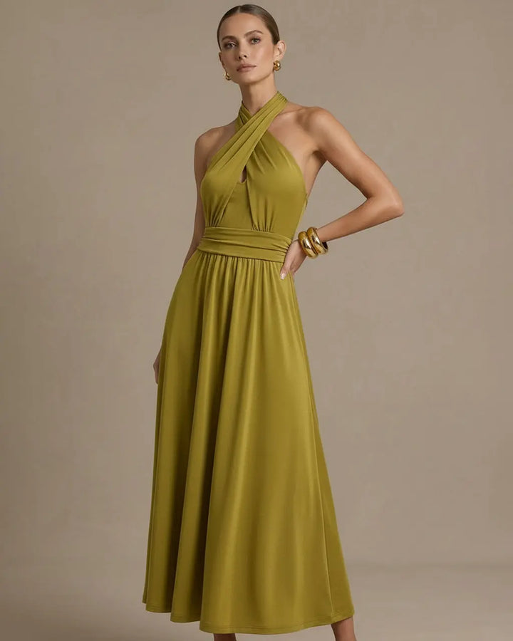 SOLACE  Olive Green Halter Backless Maxi Formal Dress 