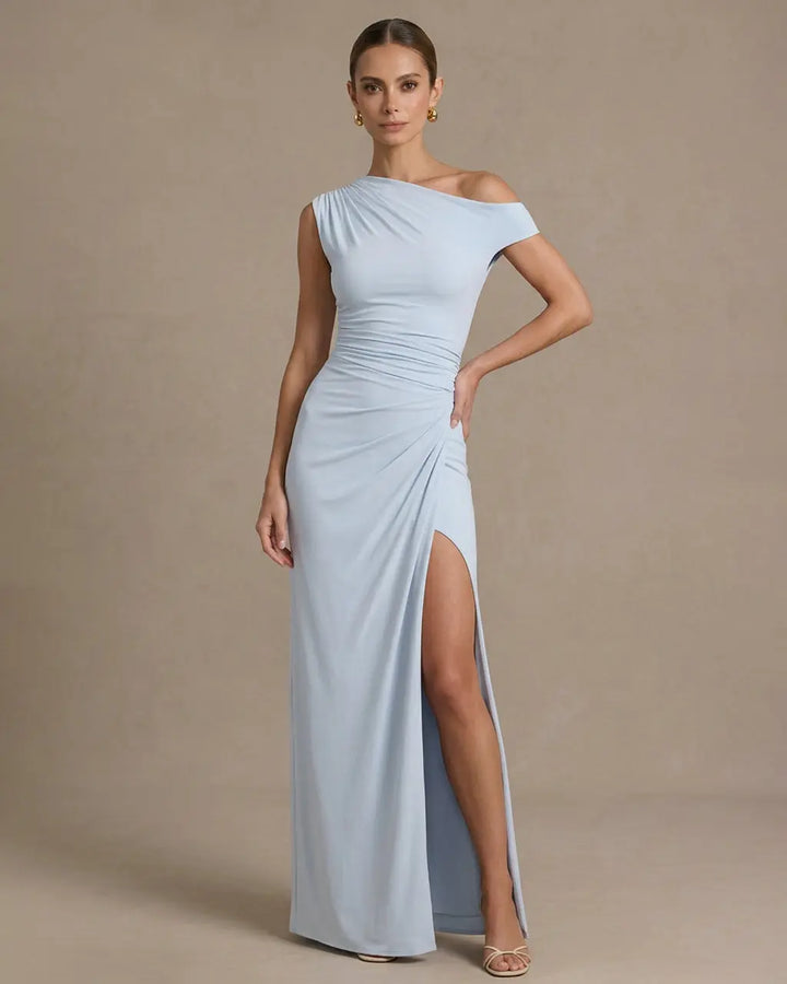 SOLACE  Light Blue Elegant Asymmetrical Ruched Split Maxi Bodycon Dress 