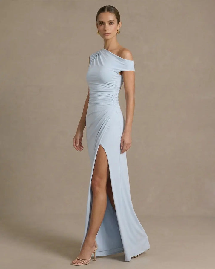 SOLACE  Light Blue Elegant Asymmetrical Ruched Split Maxi Bodycon Dress 