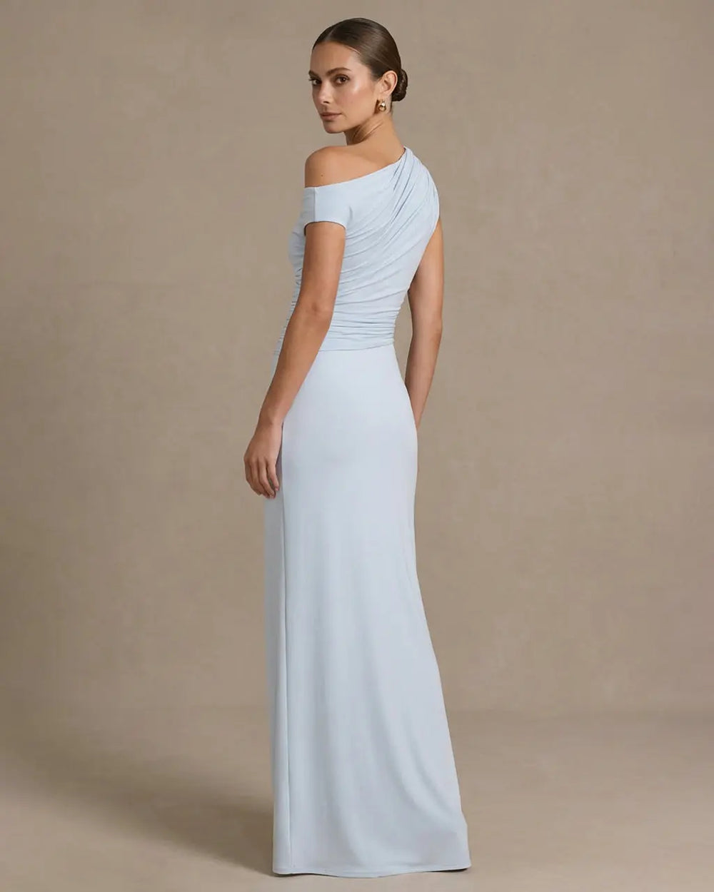 SOLACE  Light Blue Elegant Asymmetrical Ruched Split Maxi Bodycon Dress 