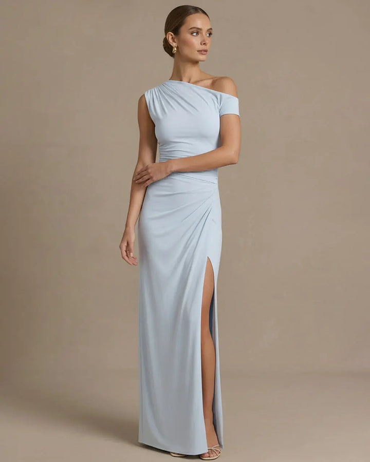 SOLACE  Light Blue Elegant Asymmetrical Ruched Split Maxi Bodycon Dress 
