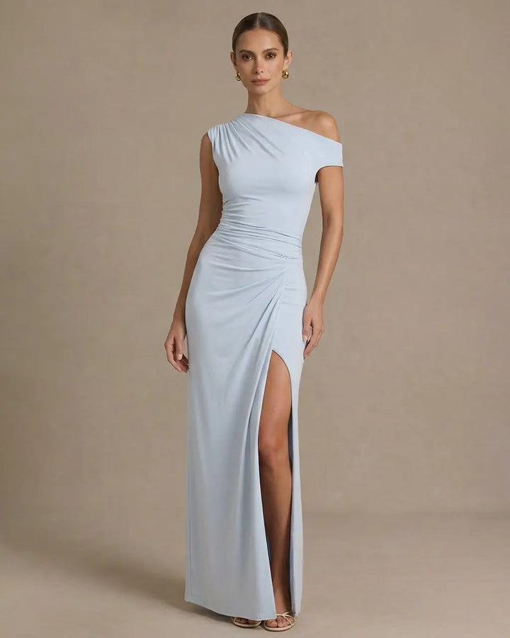 SOLACE  Light Blue Elegant Asymmetrical Ruched Split Maxi Bodycon Dress 