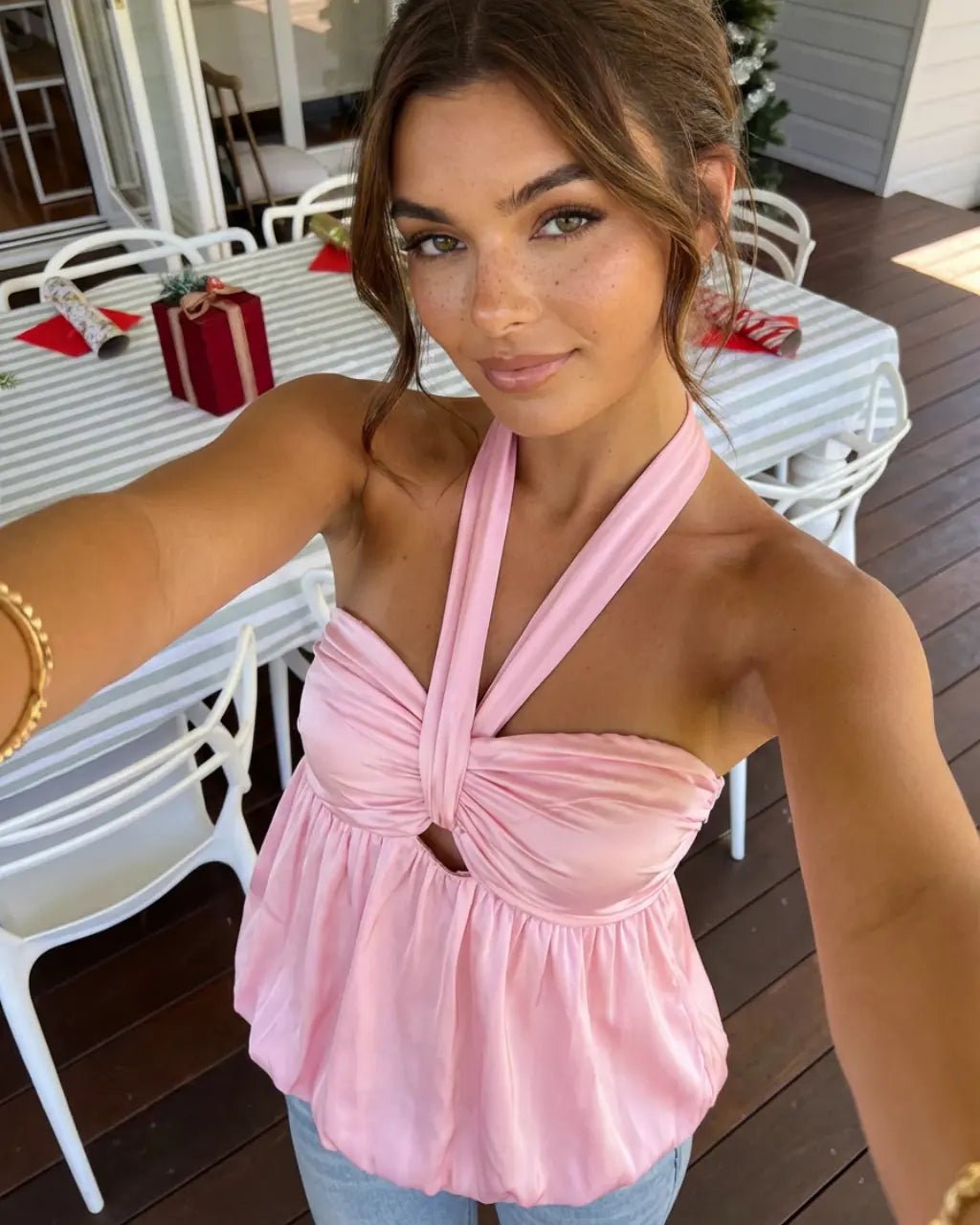 Pink Twist Halter Keyhole Satin Bubble Hem Vacation Crop Top SOLACE