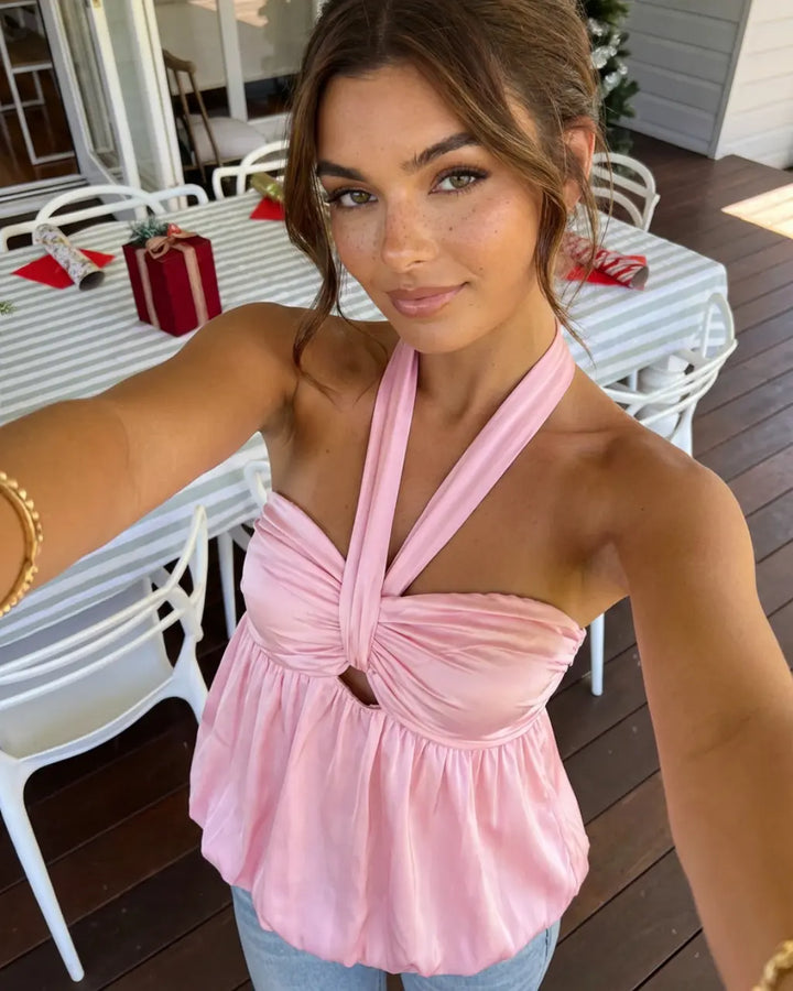 Pink Twist Halter Keyhole Satin Bubble Hem Vacation Crop Top SOLACE