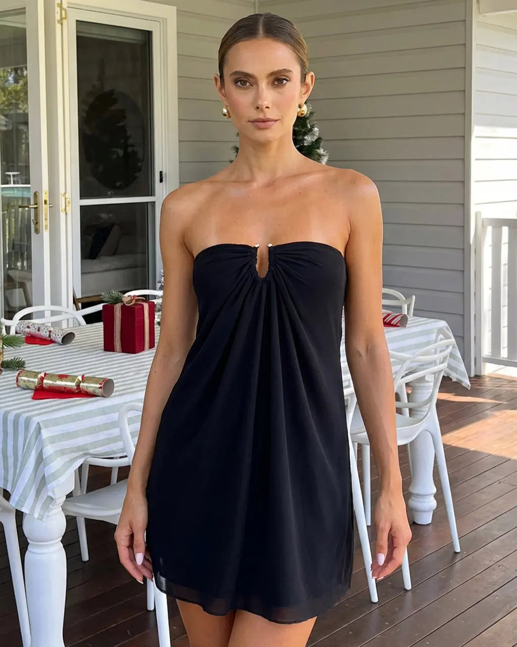Black Strapless Keyhole Draped Party Mini Dress SOLACE