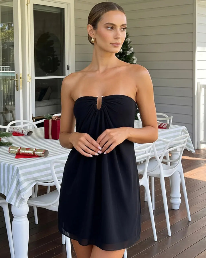 Black Strapless Keyhole Draped Party Mini Dress SOLACE