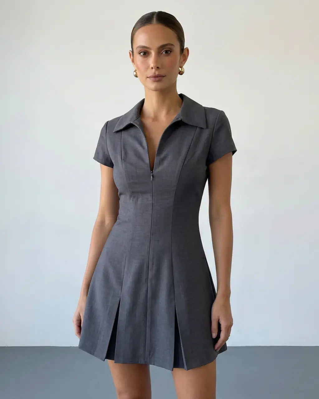 SOLACE  Grey Zip Front Collared Short Sleeve Pleated Mini Shirt Dress 