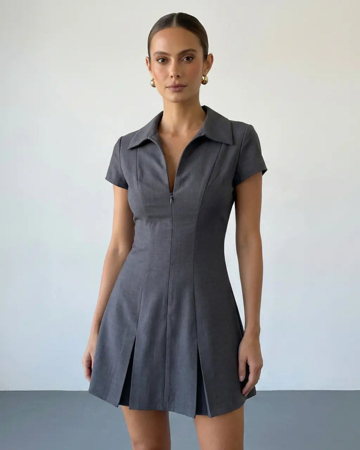 SOLACE  Grey Zip Front Collared Short Sleeve Pleated Mini Shirt Dress 