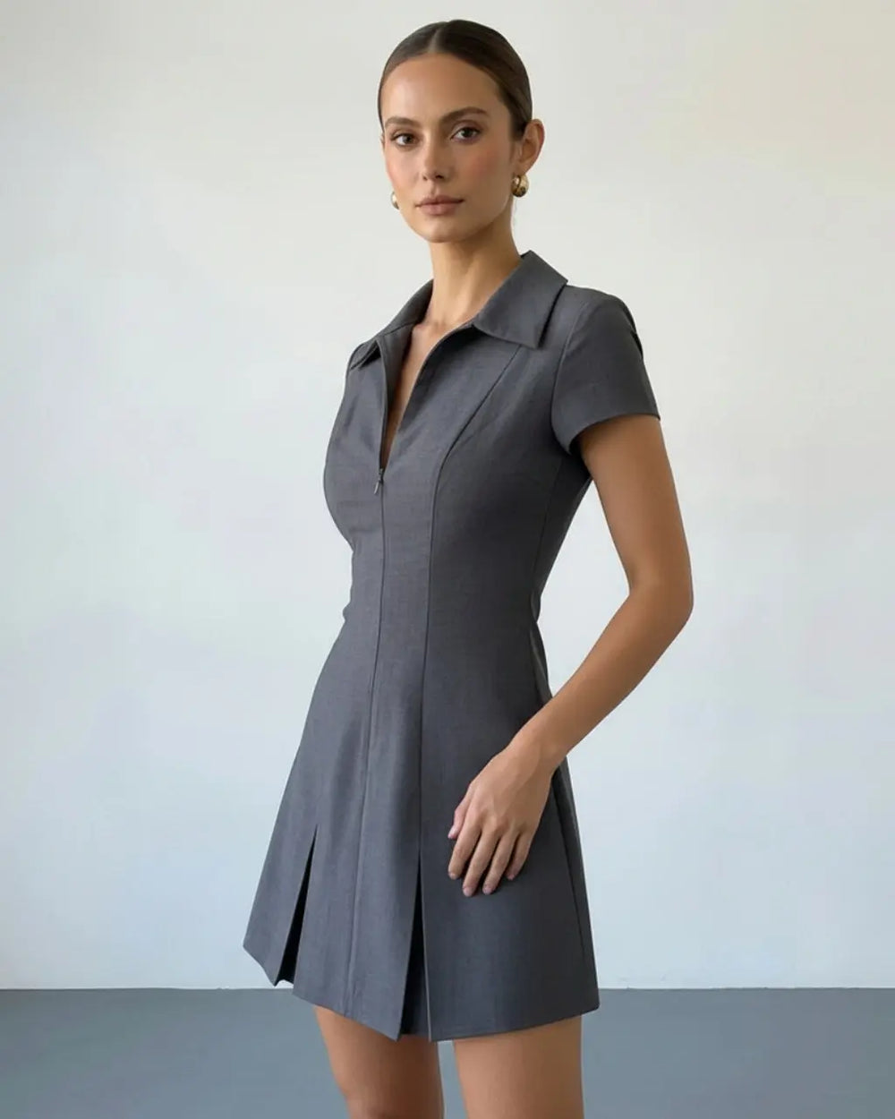 SOLACE  Grey Zip Front Collared Short Sleeve Pleated Mini Shirt Dress 