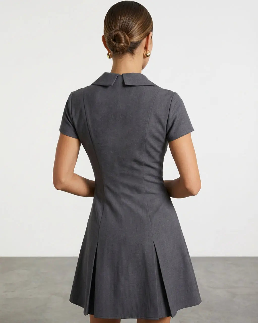 SOLACE  Grey Zip Front Collared Short Sleeve Pleated Mini Shirt Dress 