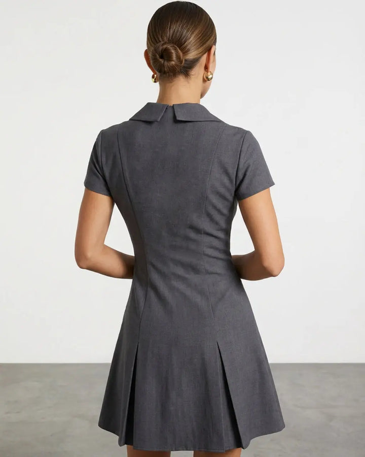 SOLACE  Grey Zip Front Collared Short Sleeve Pleated Mini Shirt Dress 