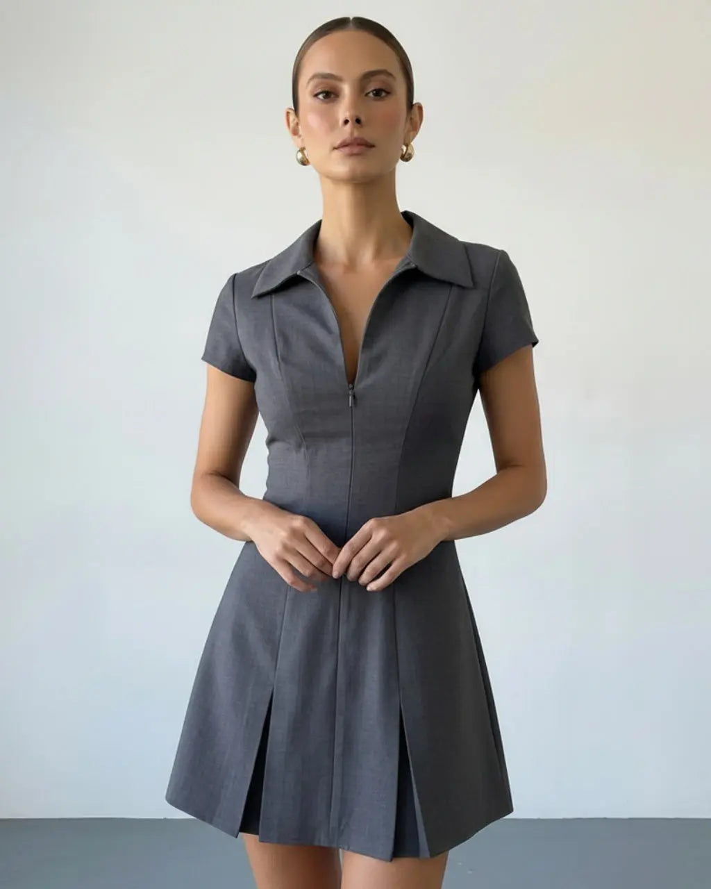 SOLACE  Grey Zip Front Collared Short Sleeve Pleated Mini Shirt Dress 