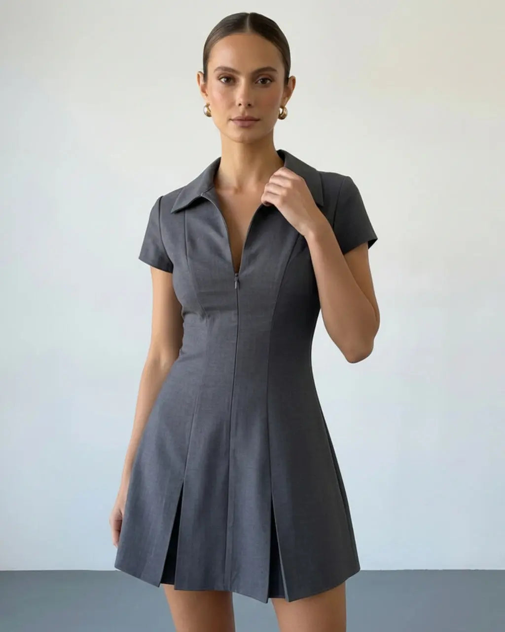 SOLACE  Grey Zip Front Collared Short Sleeve Pleated Mini Shirt Dress 