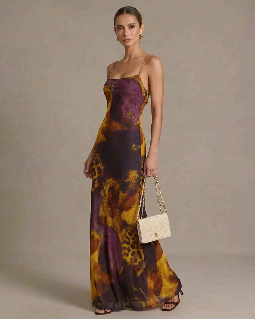 Leopard Print Mesh Backless Spaghetti Strap Maxi Dress SOLACE