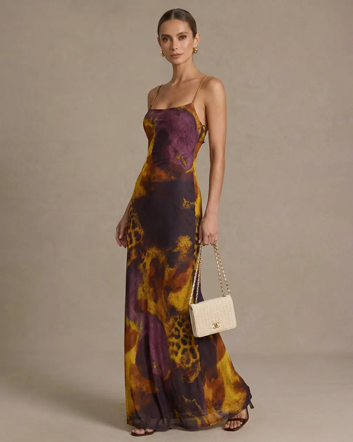 Leopard Print Mesh Backless Spaghetti Strap Maxi Dress SOLACE