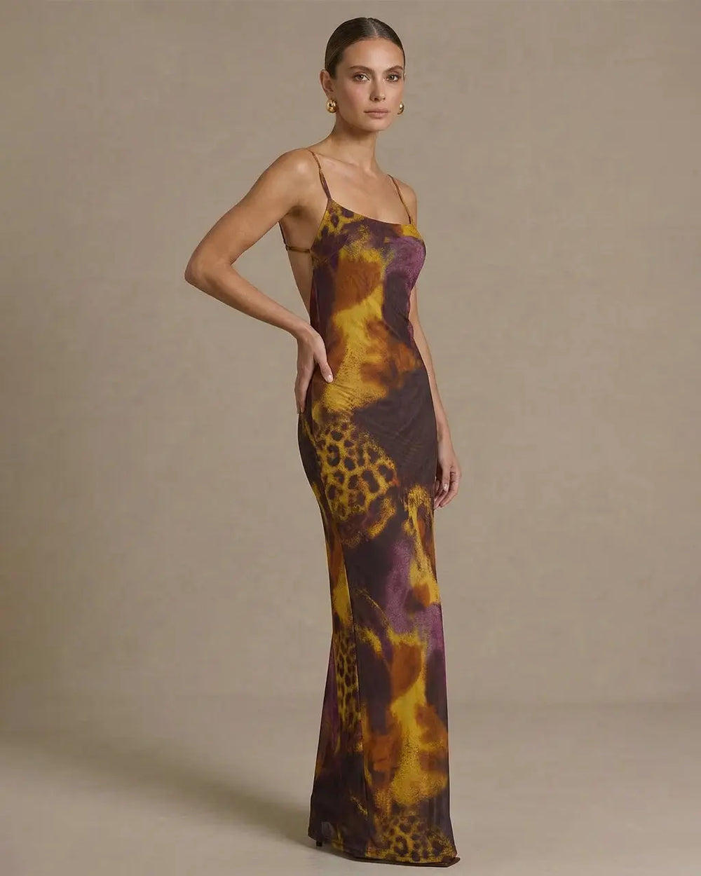 Leopard Print Mesh Backless Spaghetti Strap Maxi Dress SOLACE