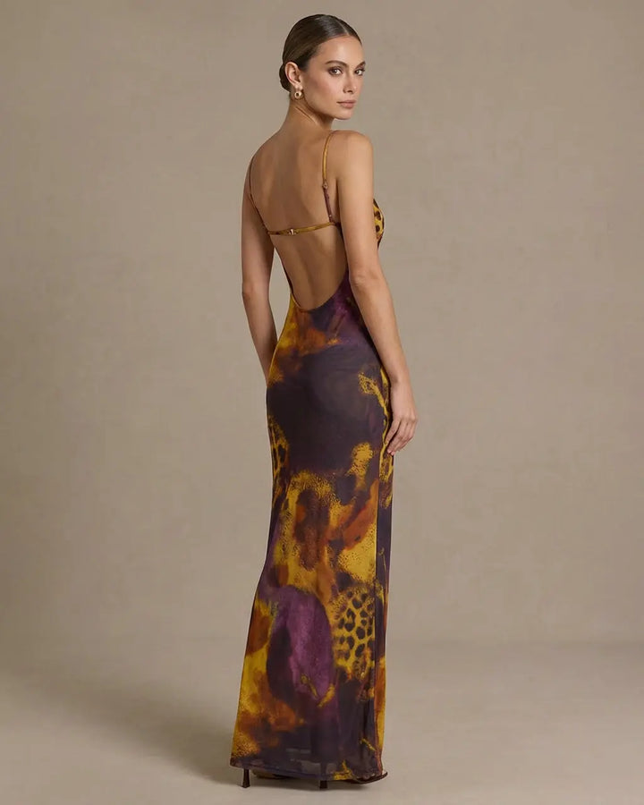 Leopard Print Mesh Backless Spaghetti Strap Maxi Dress SOLACE