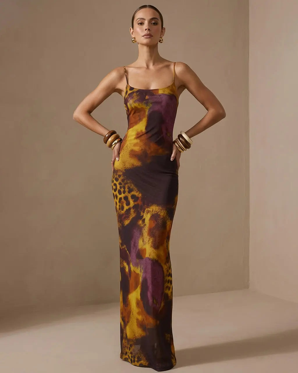 Leopard Print Mesh Backless Spaghetti Strap Maxi Dress SOLACE