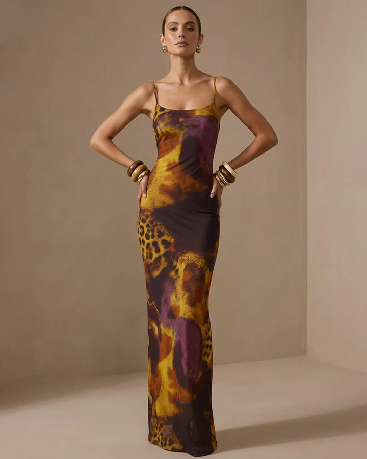 Leopard Print Mesh Backless Spaghetti Strap Maxi Dress SOLACE