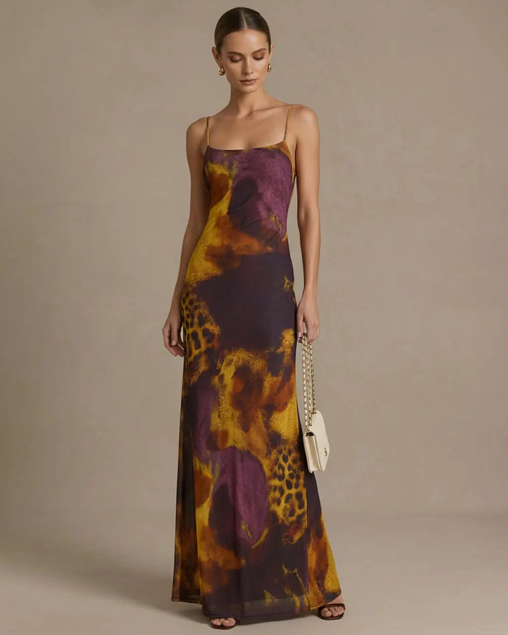 Leopard Print Mesh Backless Spaghetti Strap Maxi Dress SOLACE