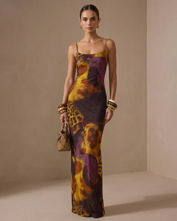 Leopard Print Mesh Backless Spaghetti Strap Maxi Dress SOLACE