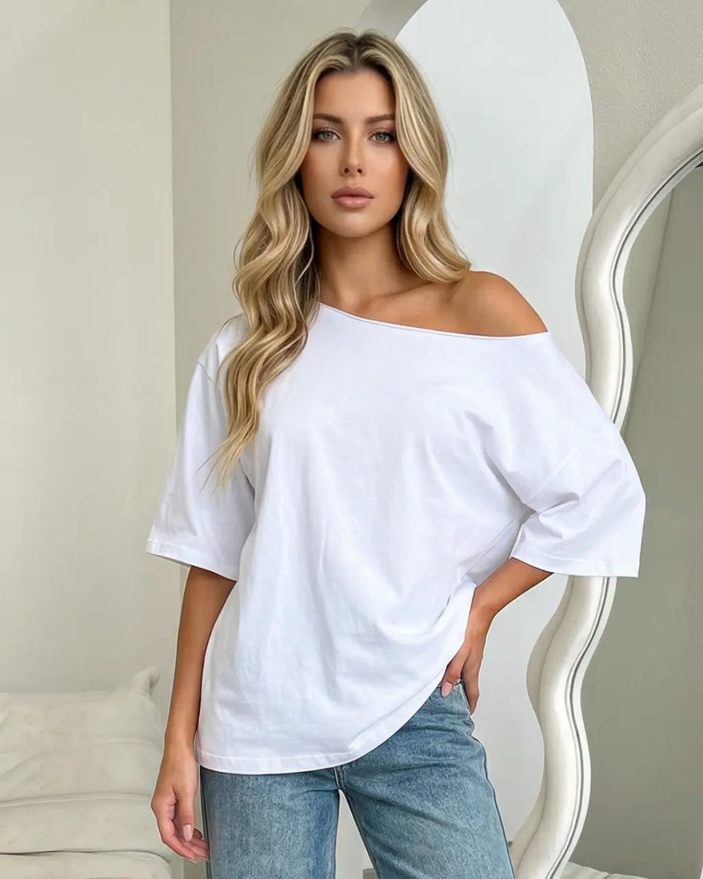 White Asymmetrical One-Shoulder Short Sleeve T-Shirt SOLACE