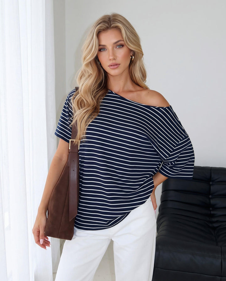 SOLACENavy Stripe One-Shoulder Oversized Short Sleeve T-Shirt