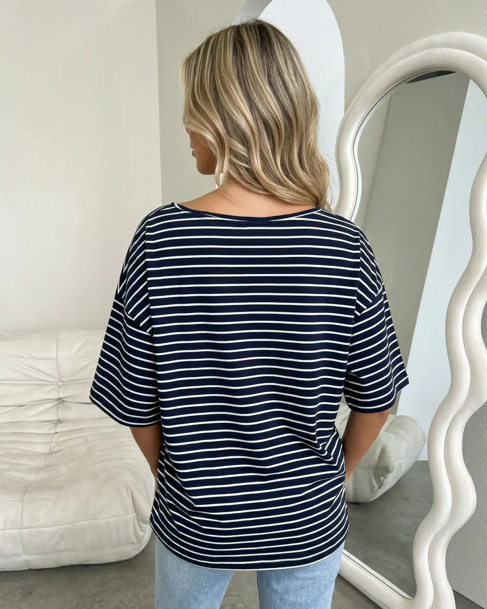 Navy Stripe One-Shoulder Oversized Short Sleeve T-Shirt SOLACE