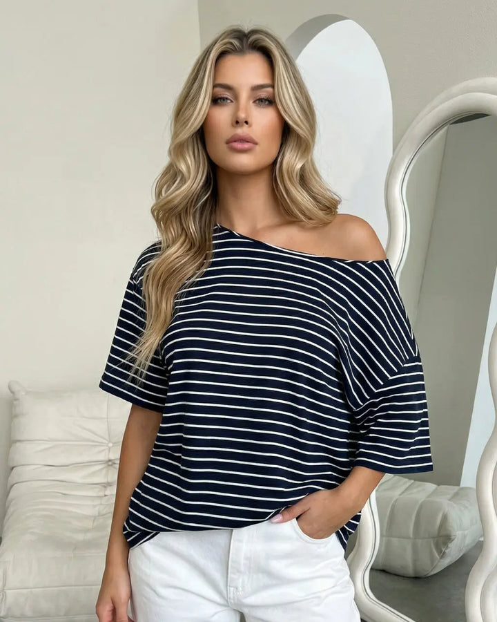 Navy Stripe One-Shoulder Oversized Short Sleeve T-Shirt SOLACE
