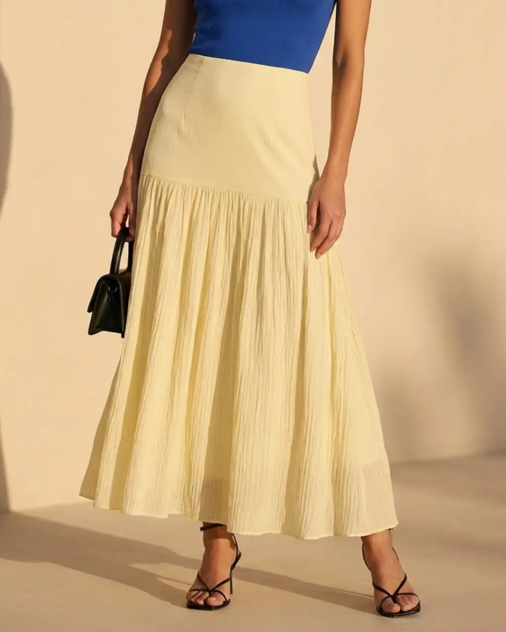 Yellow High Waist Textured Tiered Maxi Skirt SOLACE
