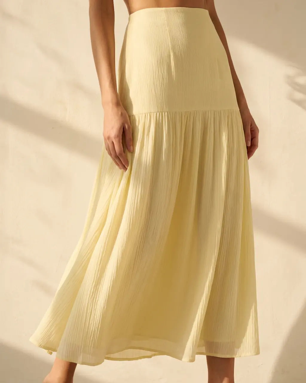 Yellow High Waist Textured Tiered Maxi Skirt SOLACE